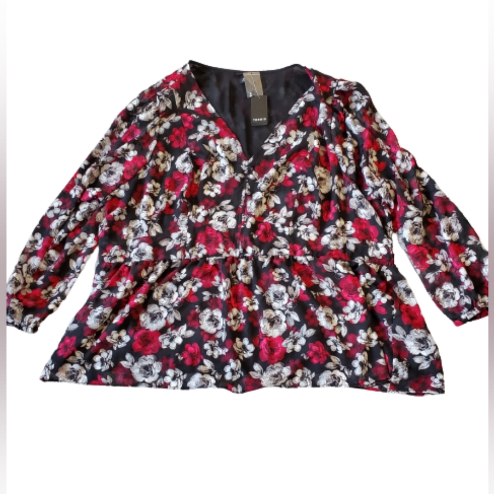 Torrid plus floral v neck blouson long sleeves peplum top, 5XL, blac… - Picture 5 of 14
